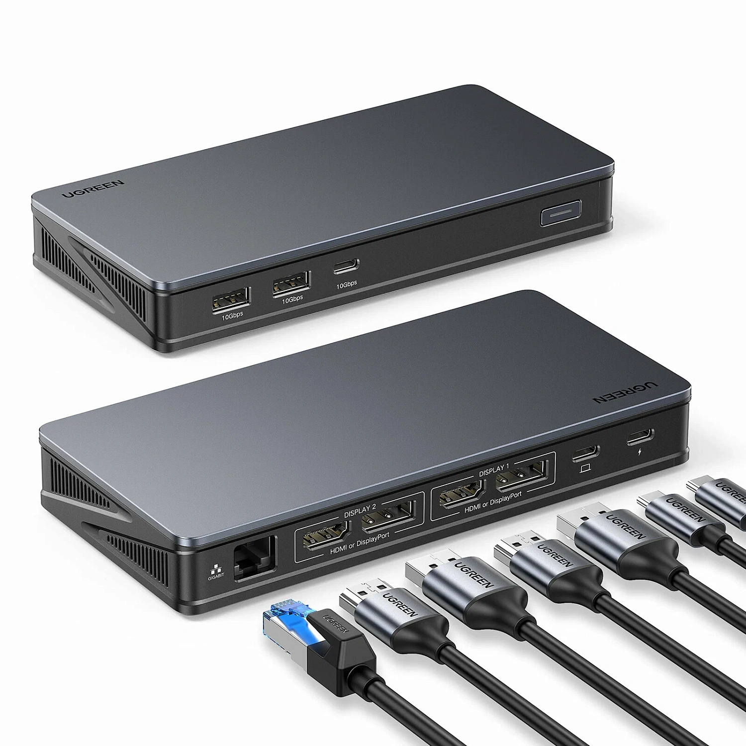 90912 Док-станция UGREEN CM615 Revodok Pro 9-in-1 USB-C - 2xUSB-A 3.2, 2xUSB-C 3.2, 2xHDMI 4K 60Hz, 2xDP 4K 60Hz, LAN 1Gbit, PD 100W